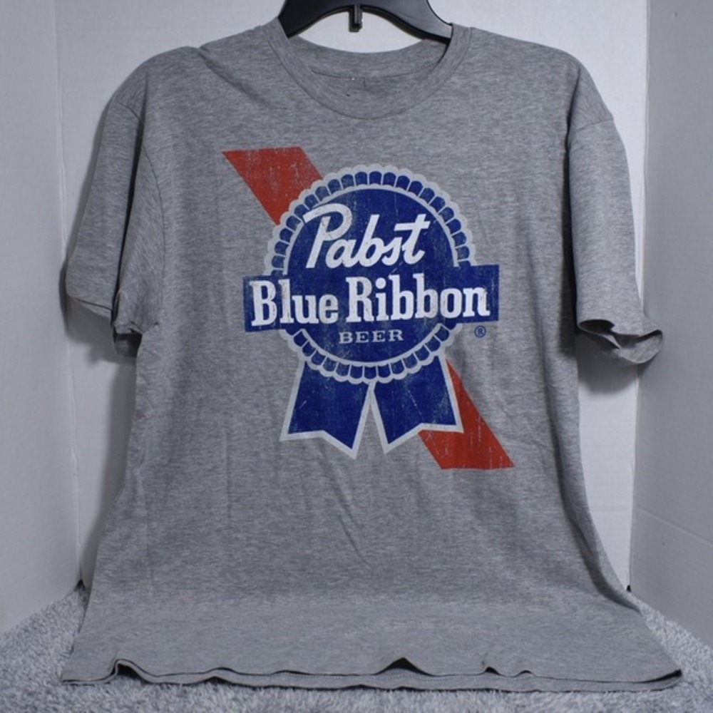 Pabst Blue Ribbon Beer T-Shirt PBR Size M Logo Heather Grey‎ Blue Red White NEW